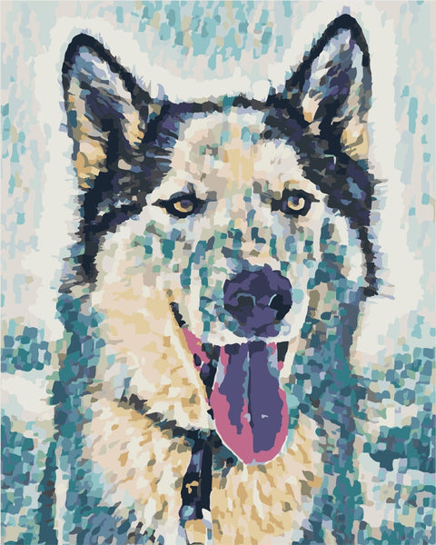 Piešimo pagal skaičius rinkinys huskio portretui, 40×50 cm, mėlynos ir smėlio tonų mozaika su atvira liežuviu ir ryškiais šešėliais