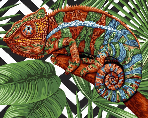 Sieninė drobė su spalvingu chameleonu ant juodai baltų zigzagų fono ir palmės lapais
