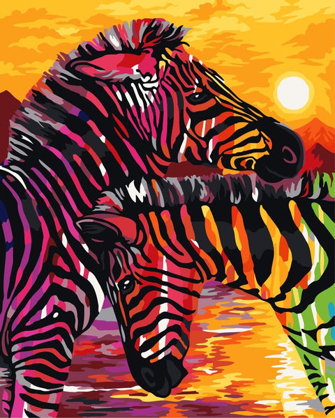 Drobė Spalvotos zebros 60x80 cm, ryški abstrakti kompozicija su dviem zebrais ir saulėlydžiu.
