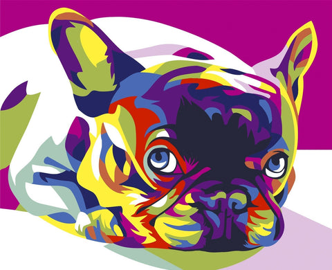 Plakatas su spalvingu pop‑art buldogo portretu, modernus sienų dekoras ryškiais geltonos, violetinės ir mėlynos atspalviais