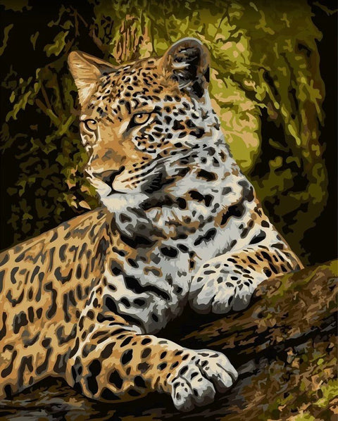 Paveikslas leopardo motyvu ant drobės 60×80 cm, ryškios gelsvos ir juodos spalvos, arti priartintas laukinio portreto vaizdas
