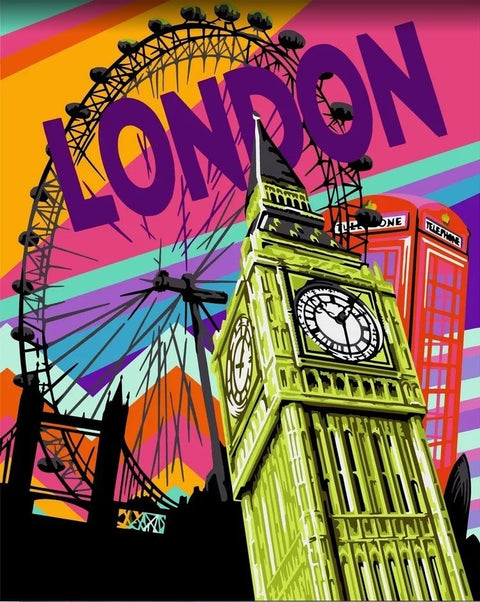 plakatas London pop‑art stiliaus su žaliu Big Beno bokštu, raudona telefonų kabina ir Londono ratu, pasvirusiu kampu