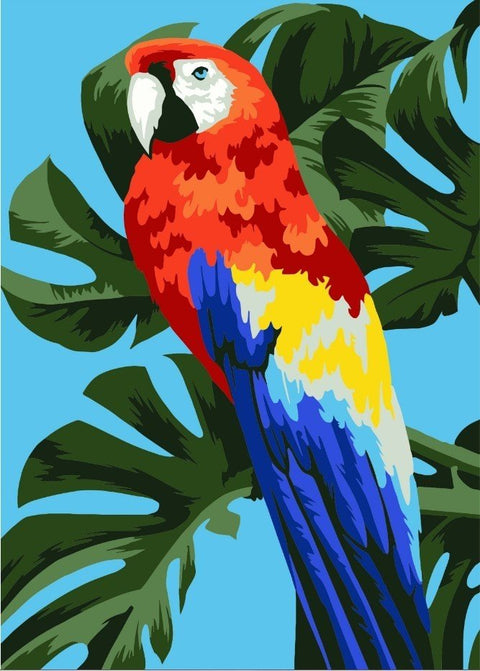 Paveikslas tropinė papūga raudona‑mėlyna‑geltona ant žydros fono, drobė 60×90 cm, artimas planas