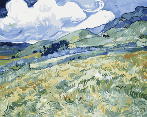 Drobė kraštovaizdžio motyvu žalių ir mėlynų atspalvių su matoma teptuko tekstūra ir kalvų detalėmis, 60×80 cm.