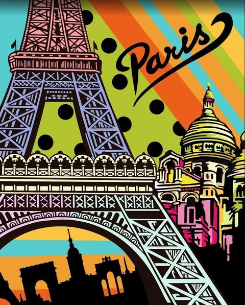 plakatas Paris pop‑art stiliaus su spalvinga Eifelio bokšto kompozicija ir Sacré‑Cœur siluetais