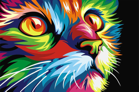 Katės plakatas ryškių neoninių spalvų, arti priartintas profilis pop‑art stiliumi, modernus A2 formatas skirtas sienai