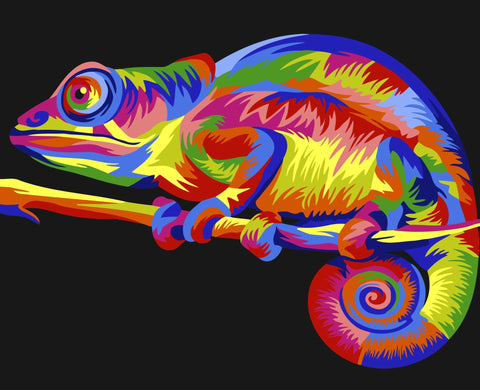 Plakatas spalvotas chameleonas 40×50 cm su neoninėmis raudonomis, mėlynomis ir geltonomis dėmėmis, parodomas artimu profilio kampu