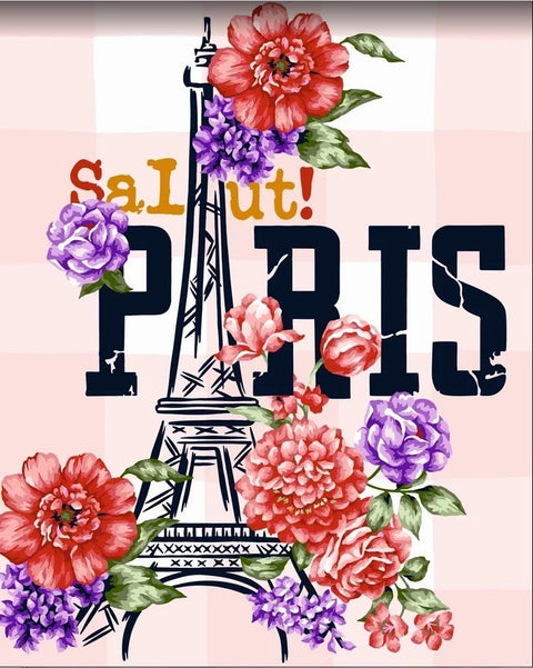 Plakatas Paris su Eifelio bokštu ir ryškiomis rožinėmis bei violetinėmis gėlėmis, puikiai tinkantis miegamojo ar koridoriaus sienai