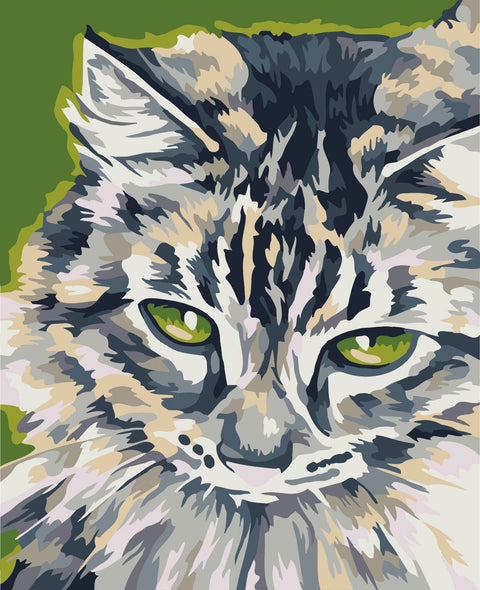 katės paveikslas 50x70 cm – arti priartintas dryžuoto kailio fragmentas su sodriomis žaliomis akimis, pilkų ir smėlio atspalvių abstraktinis stilius sienai