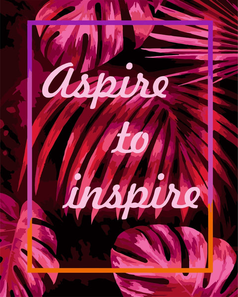 Plakatas Aspire to inspire rožiniais ir raudonais tropinių lapų motyvais su violetiniu ir oranžiniu rėmu, skirtas motyvacijai