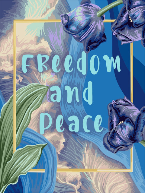Plakatas mėlynas 30×40 cm su Freedom and Peace užrašu ir tamsiai violetinėmis tulpių dekoracijomis, moderni sienų detalė