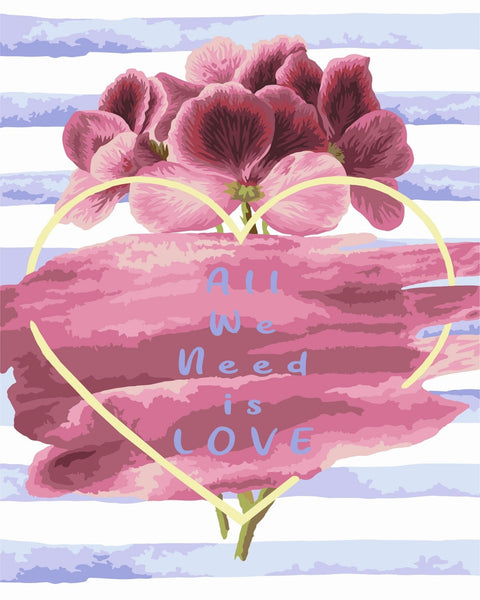 Plakatas rožinis gėlių širdies motyvas su užrašu All we need is LOVE, stilingas vertikalus variantas