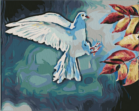 drobė su balta balandžio kompozicija, 60×80 cm, sodrios mėlynos ir raudonos spalvos, artimas planas akcentuoja dažų tekstūrą