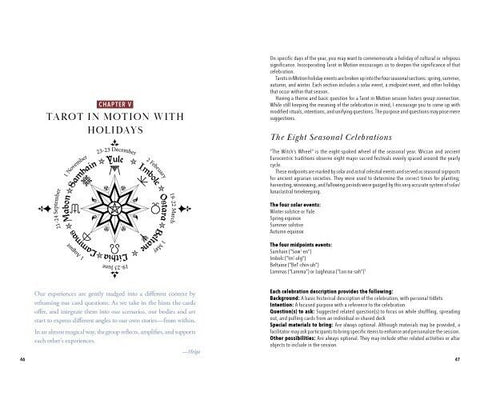 Knyga Tarot atverstas skyriaus puslapis Tarot in Motion with Holidays su juodai baltu žvaigždės piešiniu ir tekstu.