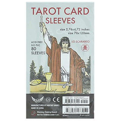tarot kortelių vokai Lo Scarabeo 70×120 mm, 80 vnt., be rūgščių ir be PVC, pakuotės nugarėlė su Magu iliustracijoje