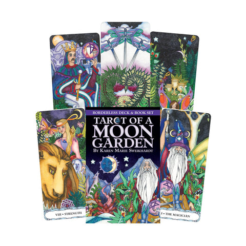 Produkcijos puslapyje: spalvingas Tarot of a Moon Garden rinkinys — dėžutės priekinis vaizdas ir keli unikalūs taro kortų variantai