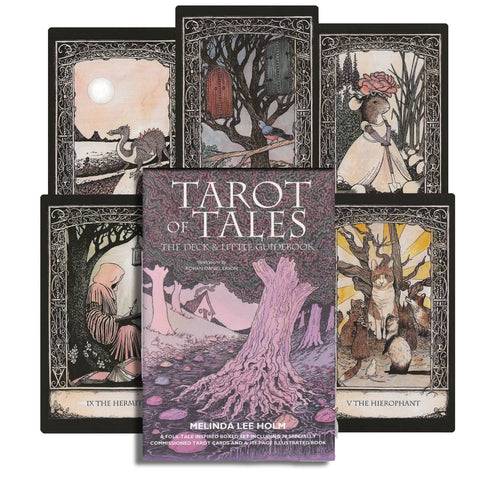 Tarot kortos Tarot of Tales komplektas su knygele, rožiniu dėklu ir keliomis detaliai iliustruotomis kortomis