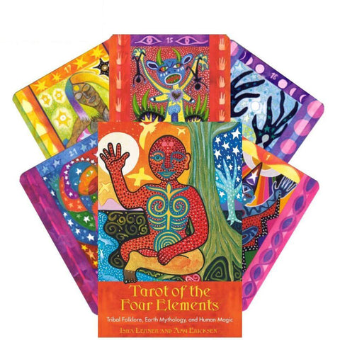 tarot kortos Tarot of the Four Elements, ryškus viršelis su sėdinčia figūra ir išskleistos spalvotos kortos