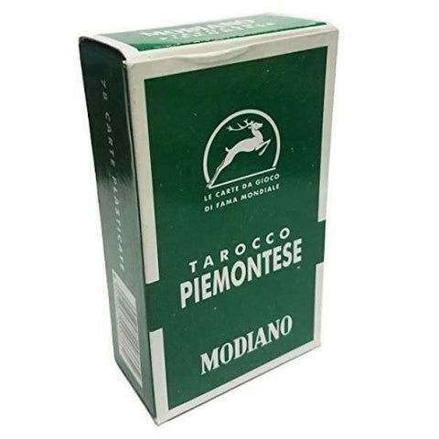 Tarocco Piemontese Modiano žalia kortų kaladė dėžutėje, pasvirusiu kampu, tradicinių itališkų žaidimo kortų variantas