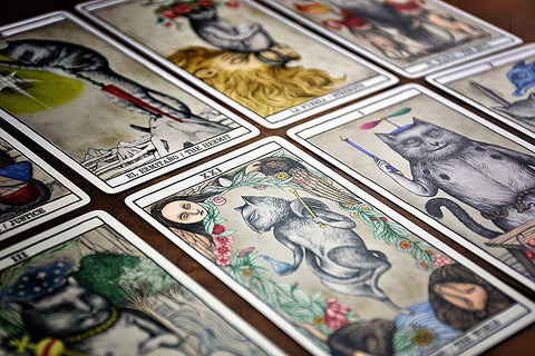 Tarot kortos su katės iliustracijomis ir švelnia spalvų palete, susidėliotos kampu, pabrėžia XXI kortą