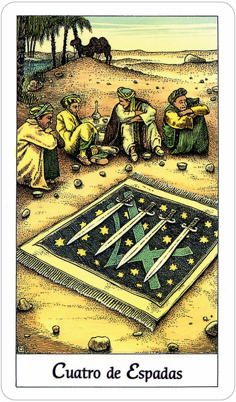 Tarot korta Keturi kalavijai – senovinio stiliaus iliustracija: keturi kalavijai ant žvaigždėto kilimėlio dykumoje, vyrai sėdi tolumoje