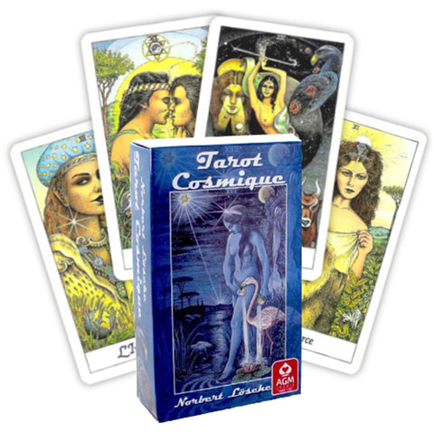 Tarot kortos mėlyname dėkle Tarot Cosmique, stovinčios prie išskleistų iliustruotų kortų, pardavimo komplektas
