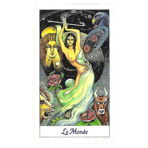 tarot korta Pasaulis, moteris su žaliu drapiru centre, liūtas ir jautis kampuose, rožės ir žvaigždėtas fonas