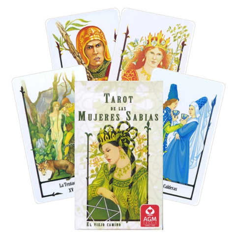 Tarot kortos Mujeres Sabias – dėžutė su fanuota kortų eile, ryškios spalvotos iliustracijos ir skirtingos moteriškos figūros