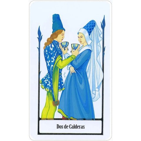 tarot korta Dviejų taurų, klasikinė versija, dvi figūros mėlynuose kostiumuose veidu į veidą dalijasi taurėmis