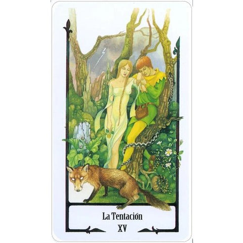 tarot korta La Tentación (XV) – priekyje žaliai geltona iliustracija su pagundą patiriančiais veikėjais ir lape