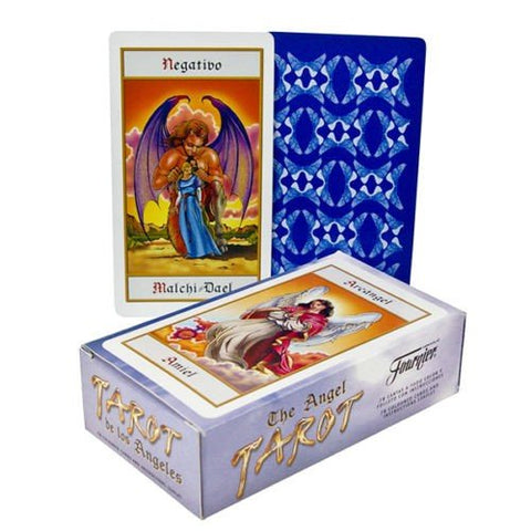 Angel Tarot kortos komplektas su iliuminuota dėže, matoma mėlyna nugarėlė ir atversta Negativo korta
