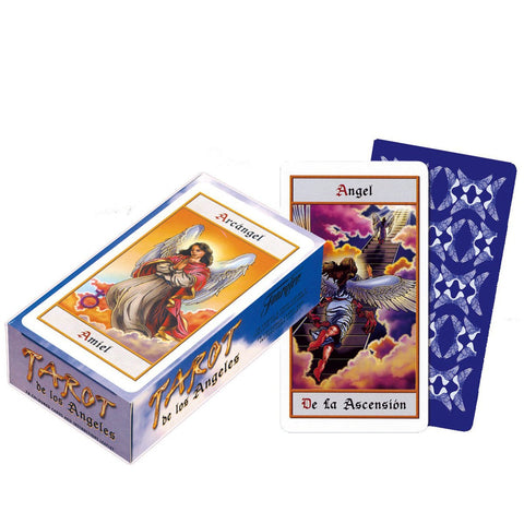 Tarot de los Angeles kortų rinkinys parduotuvės puslapyje – mėlyna dėžutė su angelo iliustracija ir dvi pavyzdinės kortos (priekis ir nugarėlė)