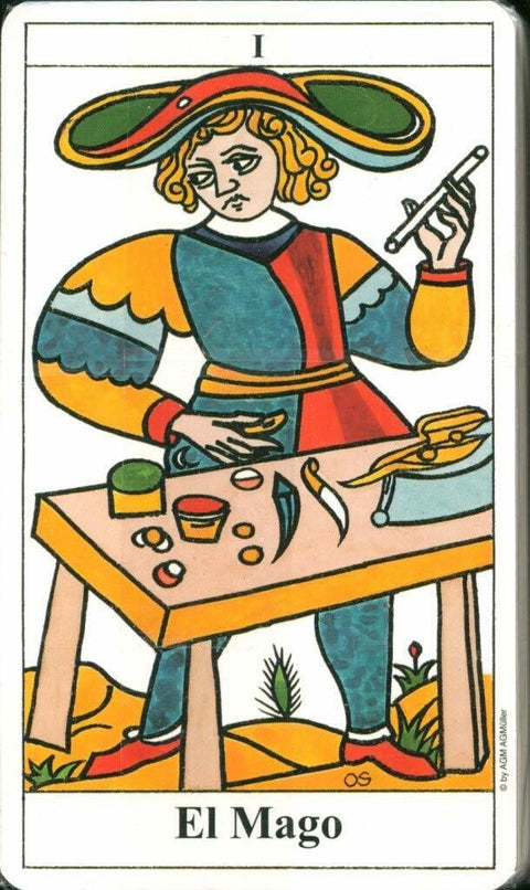 tarot korta Magas (El Mago) spalvota Marseilio stiliaus korta su figūra prie stalo ir magiškais įrankiais