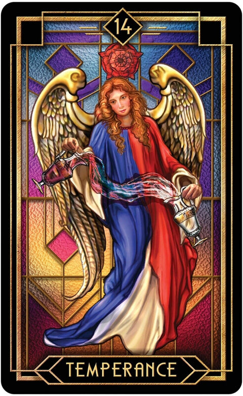 Tarot korta Temperance, aukštos raiškos meno atspaudas su auksuotais sparnais, raudona ir mėlyna toga ir perliejančiomis taurėmis