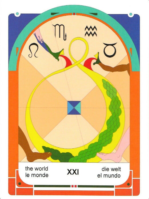 tarot korta Pasaulis – ryški Art Deco kompozicija su geltonu simboliniu lankeliu, zodiako ženklais ir keturiomis galūnėmis