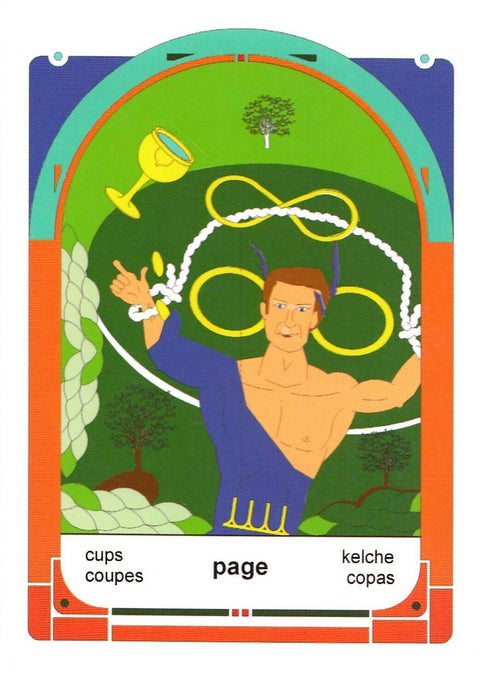 tarot korta Page of Cups, spalvinga žalia fono iliustracija su jaunu vyru, kylanti aukso taurė ir begalybės žiedai