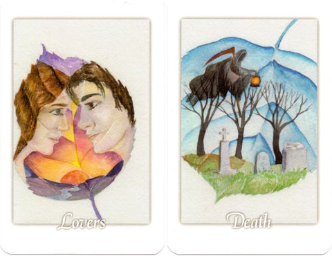 tarot korta komplektas: spalvotos akvarelės Meilužiai ir Mirtis, romantikos ir perėjimo simbolika