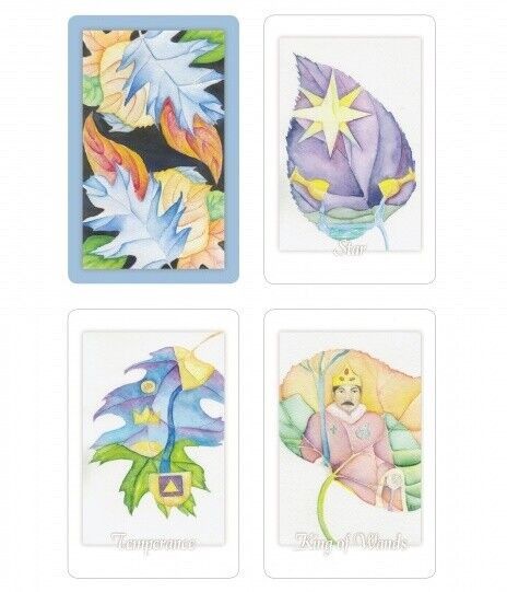 tarot kortos akvarelinis keturių kortų vaizdas — mėlyna nugarėlė ir trys iliustruotos kortos: žvaigždė, Temperance, Lazdų karalius
