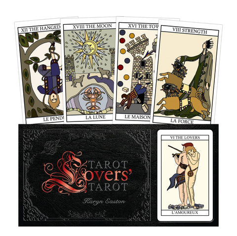 Tarot Lovers' taro rinkinys Karyn Easton — juoda dėžutė ir penkios Didžiosios arkana kortos, parodyta kortų išdėstymo ir kampo variacija