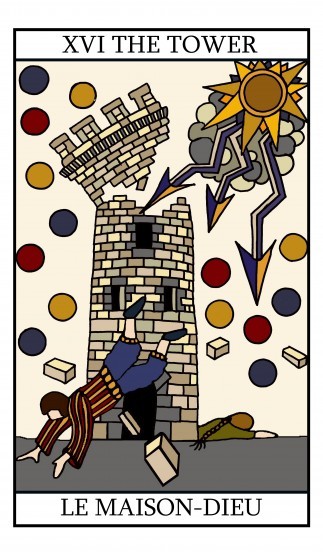 Taro korta The Tower, Rider–Waite stiliaus variantas, kremiškai pilkos plytos ir žaibai, stambus planas, dramatiškas motyvas