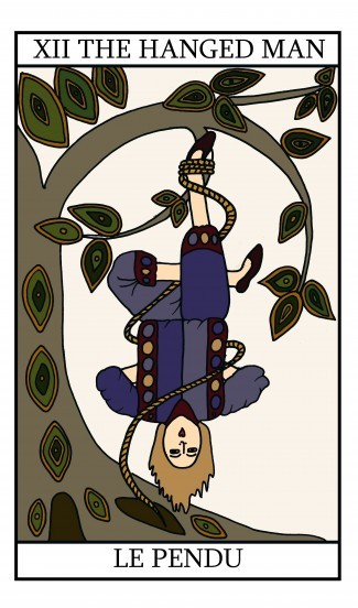 Tarot korta Pakabintas (XII) – vintage stiliaus violetinė–žalių tonų iliustracija, kortos priekis ir tekstas matomi