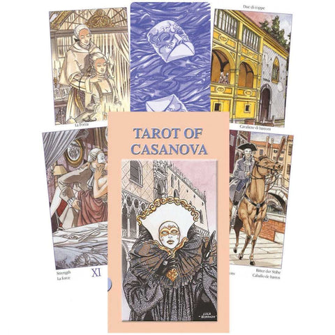 Tarot kortos Casanova, rožinės dėžutės komplektas su iliustruotomis Venecijos tematikos pavyzdinėmis kortomis