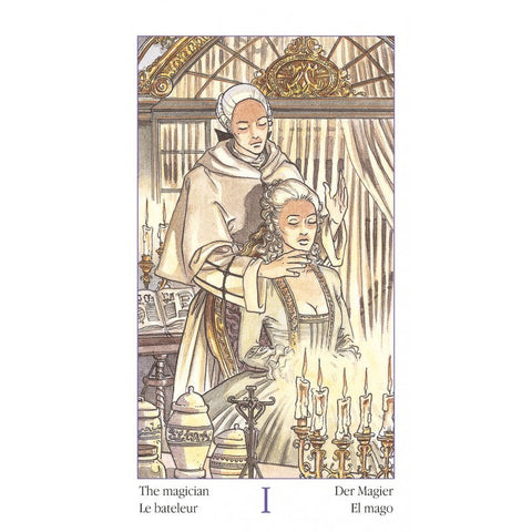 Tarot korta Magas, klasikinė XIX a. stiliaus iliustracija smėlio ir aukso tonais, vertikali reprodukcija unikaliam kortų leidimui