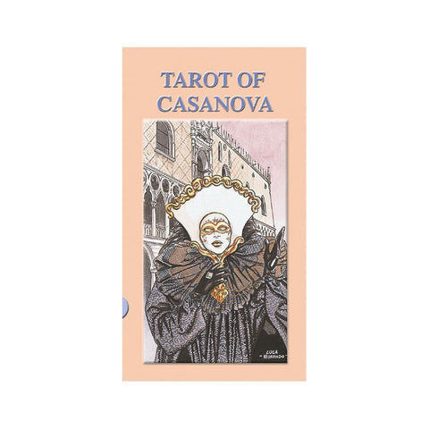 Tarot kortos "Tarot of Casanova" dėžutės priekinis viršelis su venecijietiška kauke ir gotiškos architektūros fone