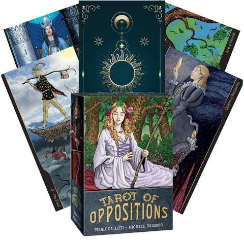 tarot kortos Tarot of Oppositions — iliustruotų kortų rinkinys su tamsiai žalia auksuota dėžute ir kelių kortų priekiais