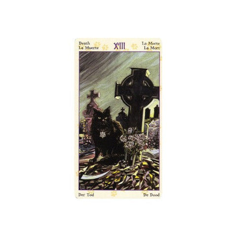 Tarot korta Mirtis — juodas katinas prie kapo kryžiaus, rožių puokštė ir audringas dangus, klasikinis iliustruotas variantas
