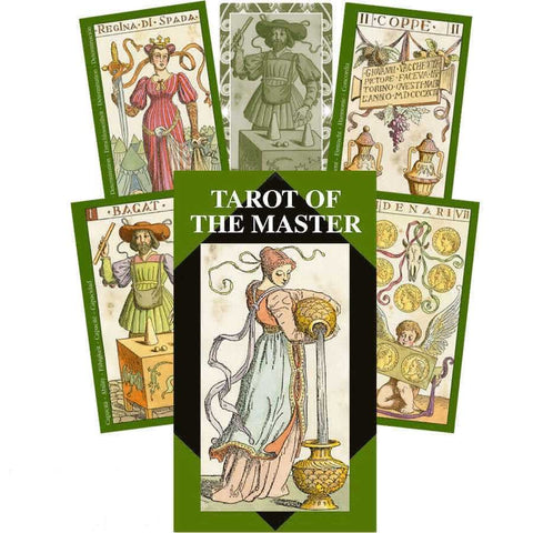Tarot kortos Tarot of the Master, retro itališko dizaino žalia dėžutė su keliais iliustruotais pavyzdžiais