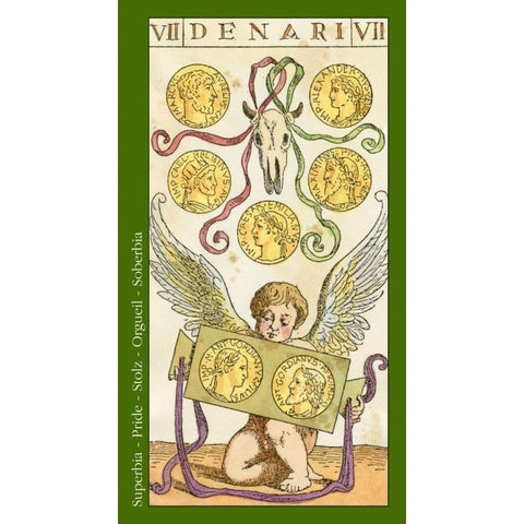 Tarot korta VII Denari, priekinis dizainas su žaliu rėmeliu, angelėliu, aukso monetomis ir kaukole, kolekcinė variacija