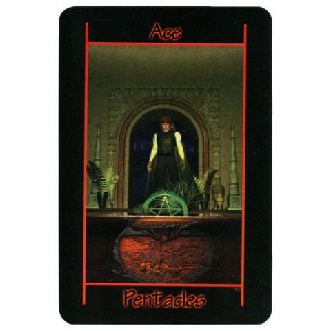 Tarot korta Pentaklių ásas, juodas rėmas ir raudoni užrašai, priekis su žaliu pentakliu ir stovinčiu personažu