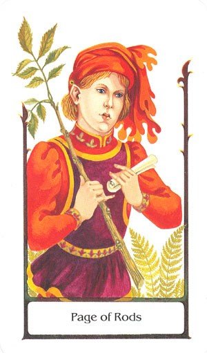 taro korta Page of Rods — oranžinė/raudona iliustracija jauno vyro su lazda, stačias variantas, simbolizuoja energiją